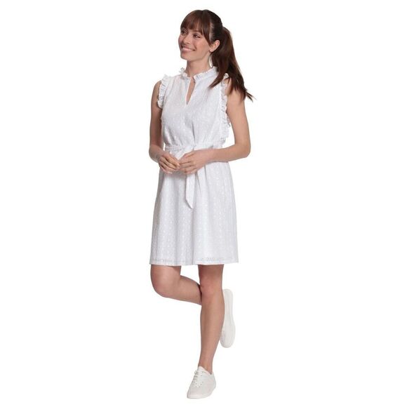 London Times White Eyelet Ruffled Neck and Armhole Mini Dress with Waist Tie - Picture 3 of 12